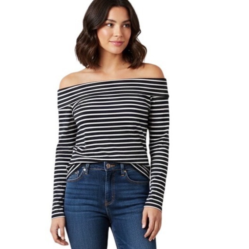 J. Crew Black and White Striped Off-the-Shoulder Long Sleeve Top